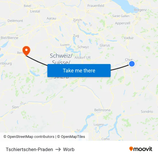 Tschiertschen-Praden to Worb map