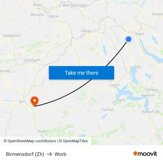 Birmensdorf (Zh) to Worb map