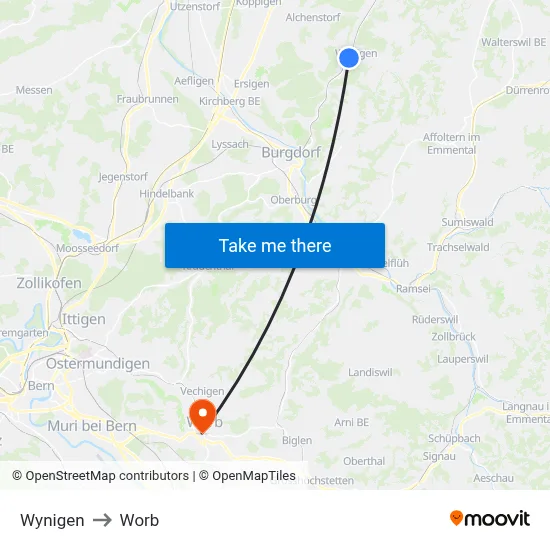 Wynigen to Worb map