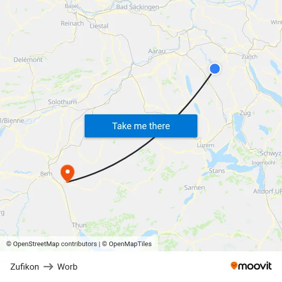 Zufikon to Worb map