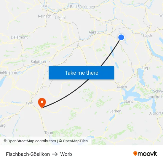 Fischbach-Göslikon to Worb map