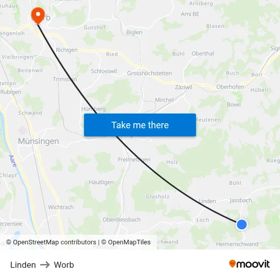 Linden to Worb map