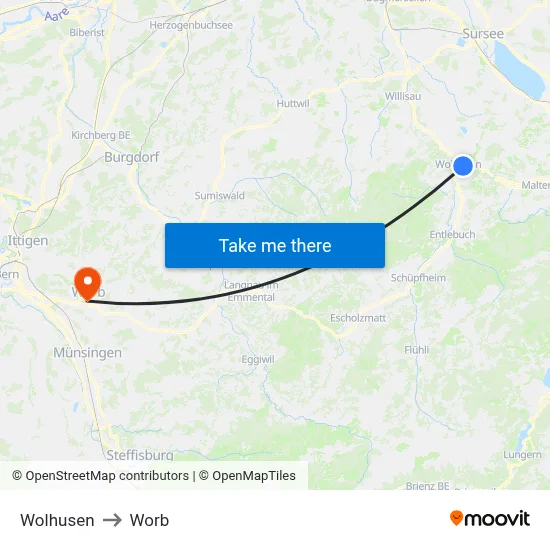 Wolhusen to Worb map