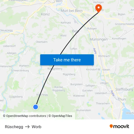 Rüschegg to Worb map