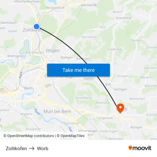 Zollikofen to Worb map