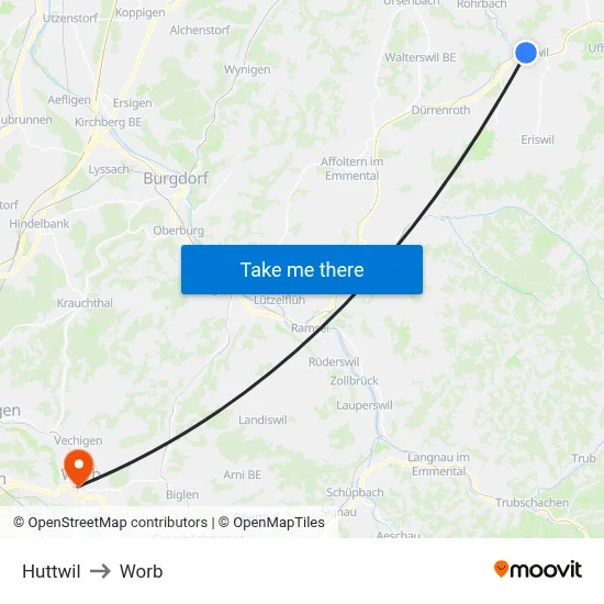 Huttwil to Worb map