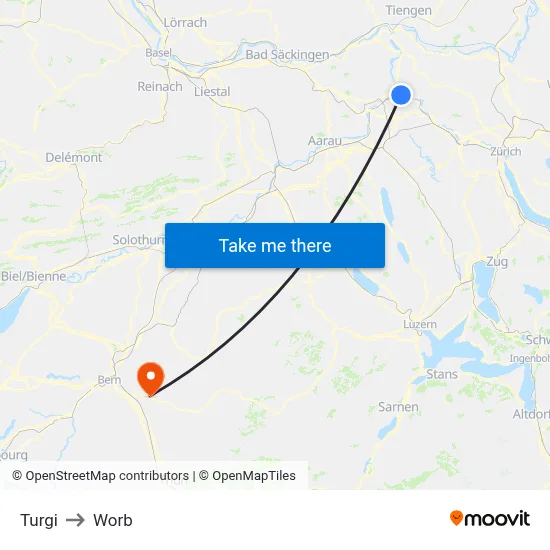 Turgi to Worb map