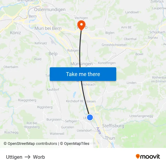 Uttigen to Worb map