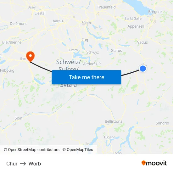 Chur to Worb map