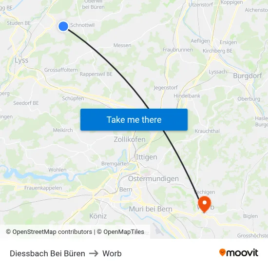 Diessbach Bei Büren to Worb map