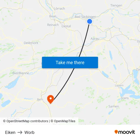 Eiken to Worb map