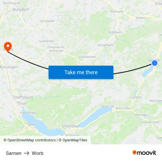 Sarnen to Worb map