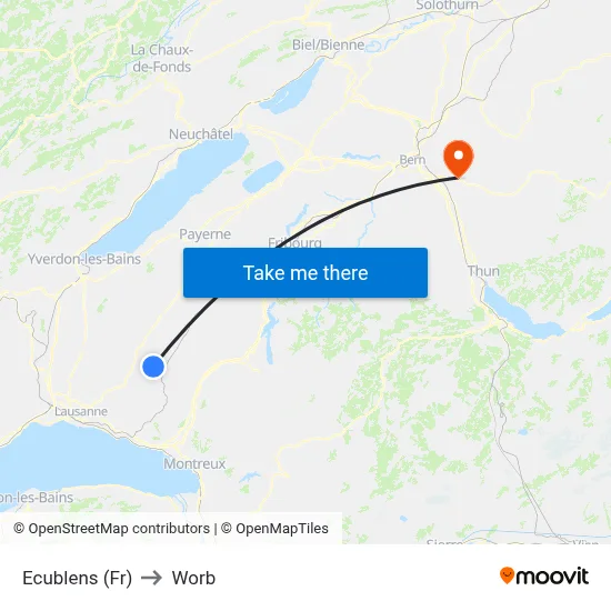 Ecublens (Fr) to Worb map