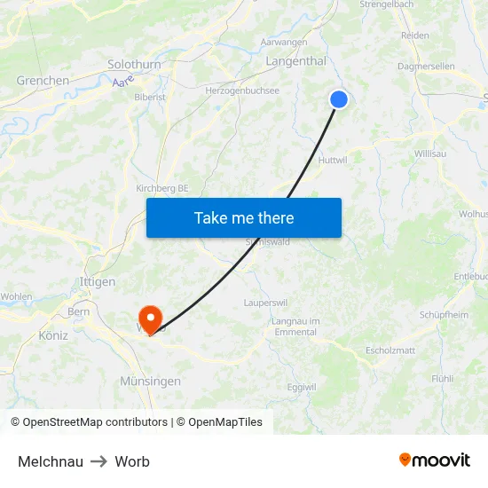 Melchnau to Worb map