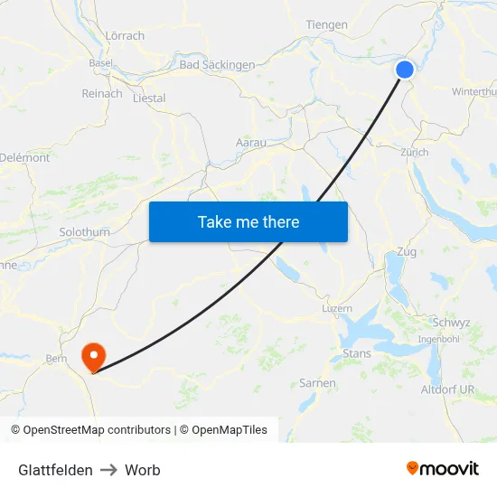 Glattfelden to Worb map