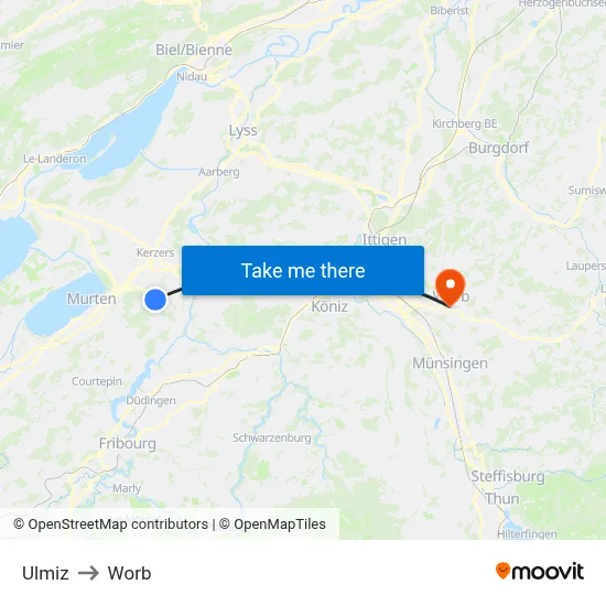 Ulmiz to Worb map
