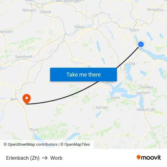 Erlenbach (Zh) to Worb map