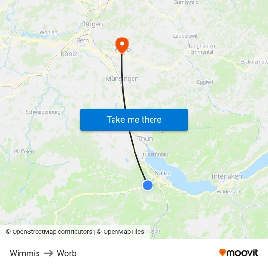 Wimmis to Worb map