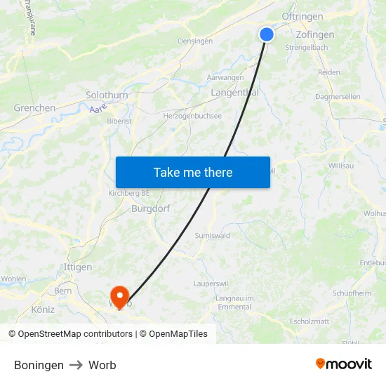 Boningen to Worb map