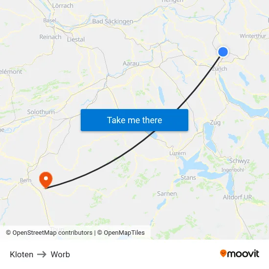 Kloten to Worb map