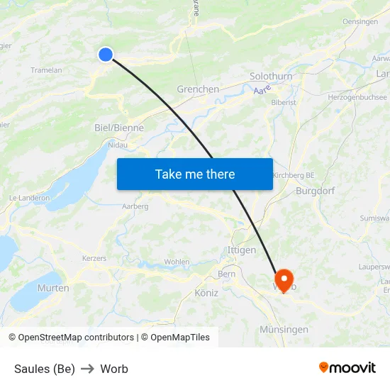 Saules (Be) to Worb map