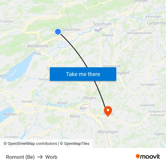 Romont (Be) to Worb map