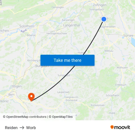 Reiden to Worb map