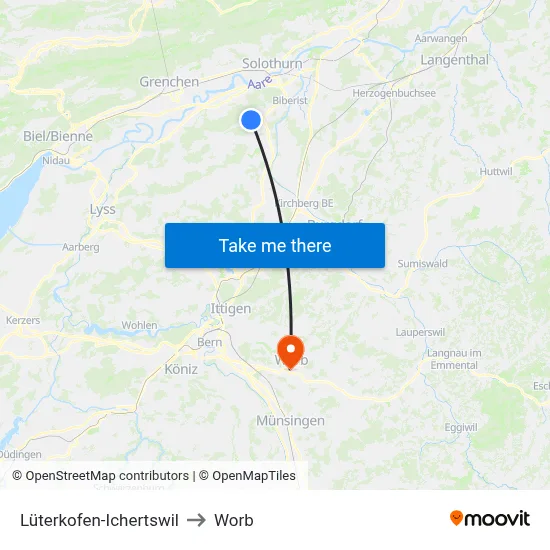 Lüterkofen-Ichertswil to Worb map