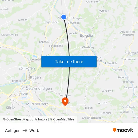 Aefligen to Worb map