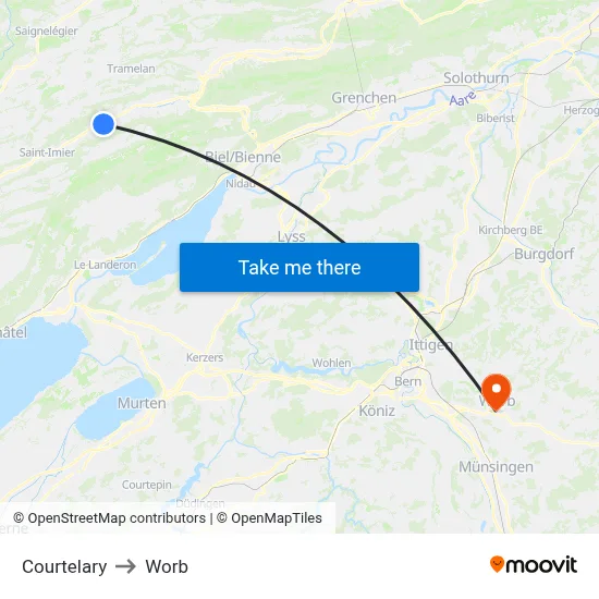 Courtelary to Worb map