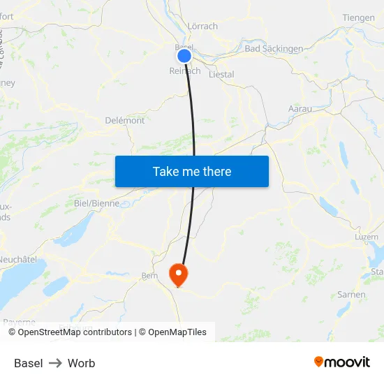 Basel to Worb map