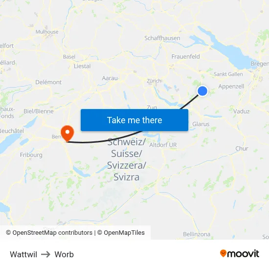 Wattwil to Worb map