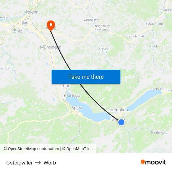 Gsteigwiler to Worb map