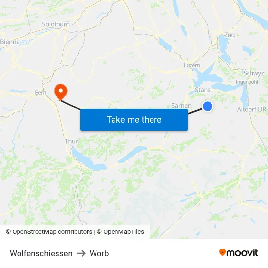 Wolfenschiessen to Worb map