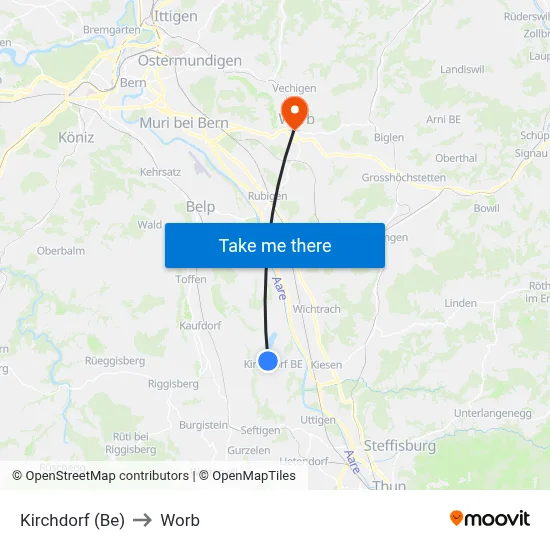 Kirchdorf (Be) to Worb map