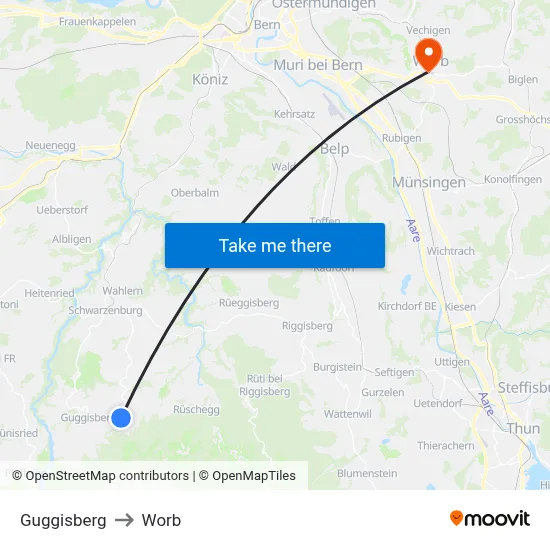 Guggisberg to Worb map