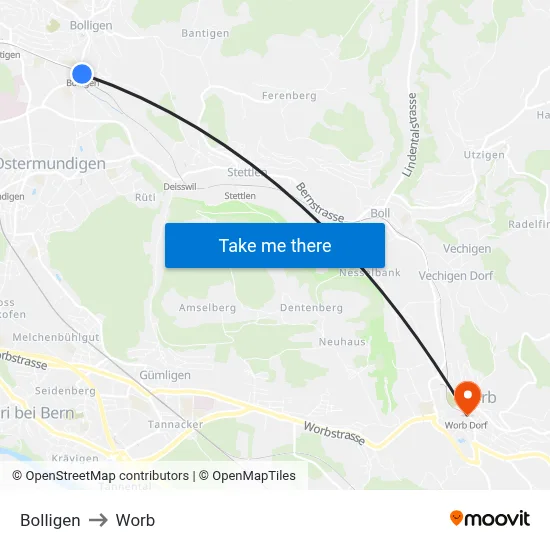 Bolligen to Worb map