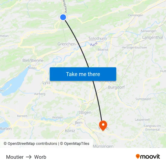 Moutier to Worb map