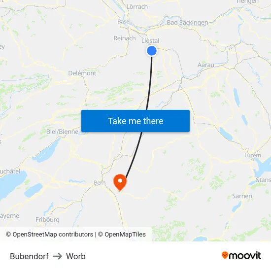 Bubendorf to Worb map