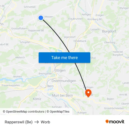 Rapperswil (Be) to Worb map