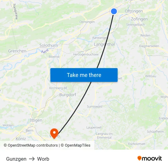 Gunzgen to Worb map
