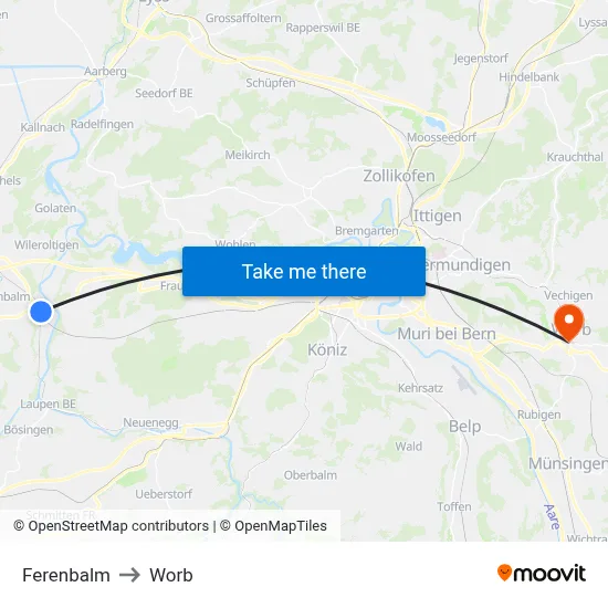Ferenbalm to Worb map