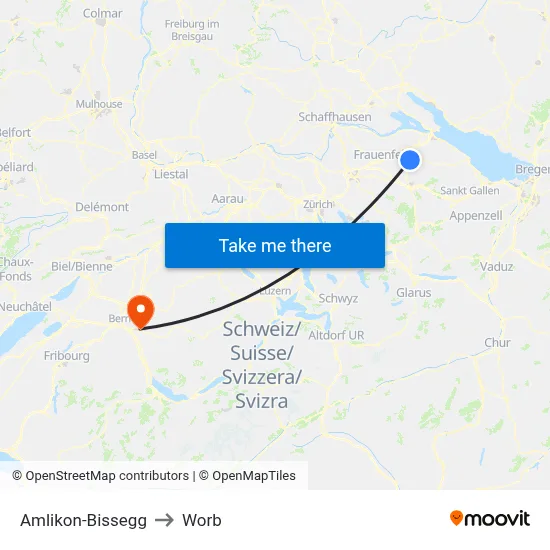 Amlikon-Bissegg to Worb map
