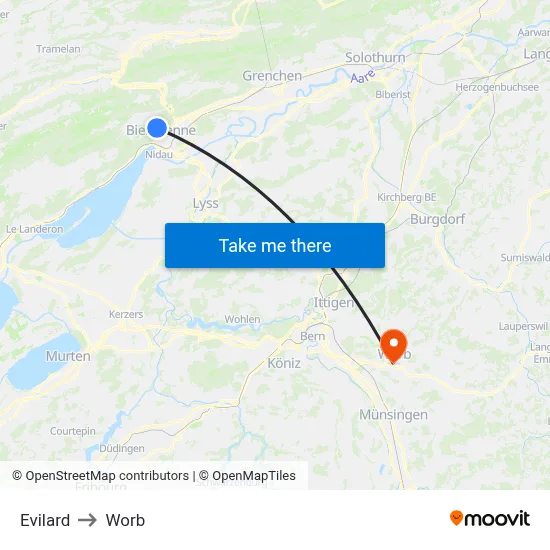 Evilard to Worb map
