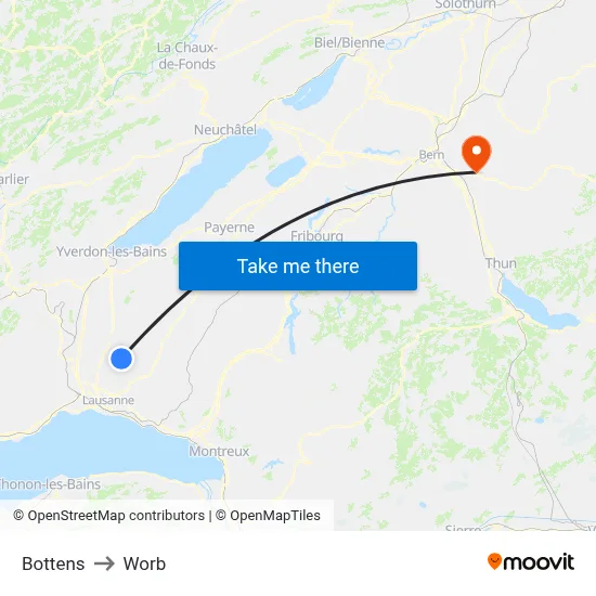 Bottens to Worb map