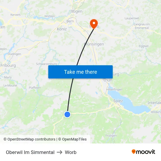Oberwil Im Simmental to Worb map