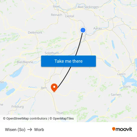 Wisen (So) to Worb map