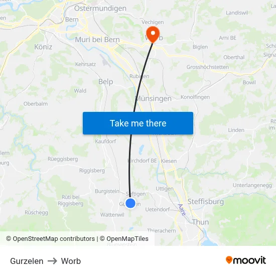 Gurzelen to Worb map