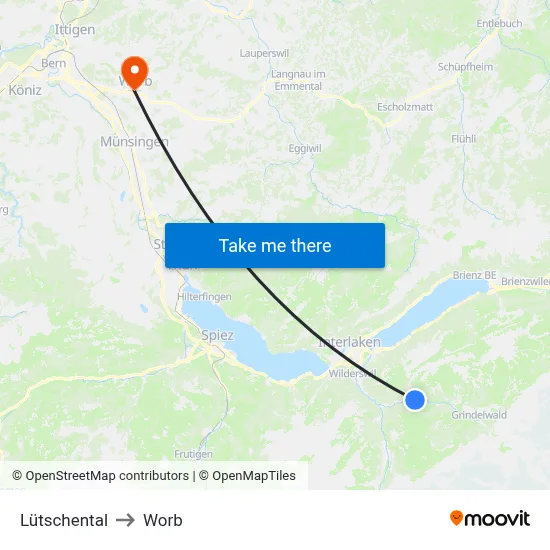 Lütschental to Worb map