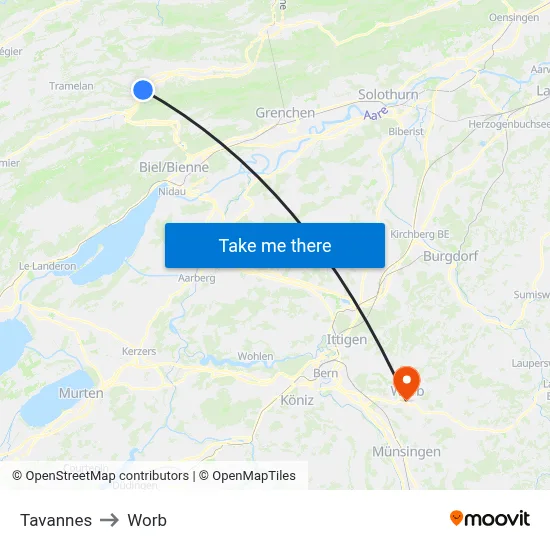 Tavannes to Worb map